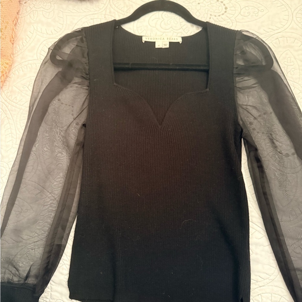 Veronica Beard Black Top with Sheer Sleeves